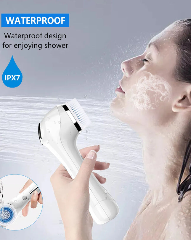 Facial Cleansing Brush, Brush For Exfoliating, IPX7 Waterproof 3 In 1 For Massaging, Deep Cleansing Rechargeable With 4 Brush Head Replacements, White