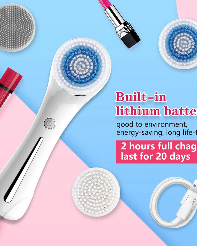 Facial Cleansing Brush, Brush For Exfoliating, IPX7 Waterproof 3 In 1 For Massaging, Deep Cleansing Rechargeable With 4 Brush Head Replacements, White