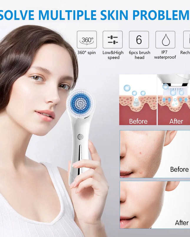 Facial Cleansing Brush, Brush For Exfoliating, IPX7 Waterproof 3 In 1 For Massaging, Deep Cleansing Rechargeable With 4 Brush Head Replacements, White